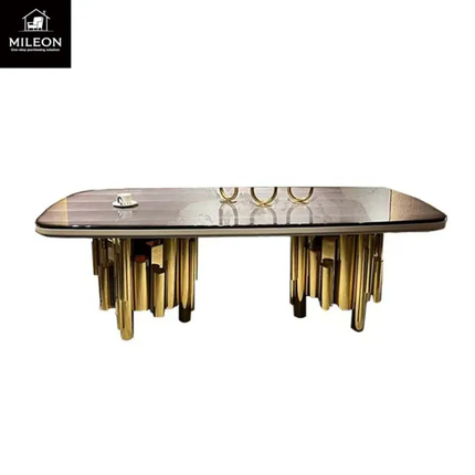 Custom-made Home Dining Room Furniture Luxury Decorative Gold Stainless Steel Frame Rectangular Dining Table Set