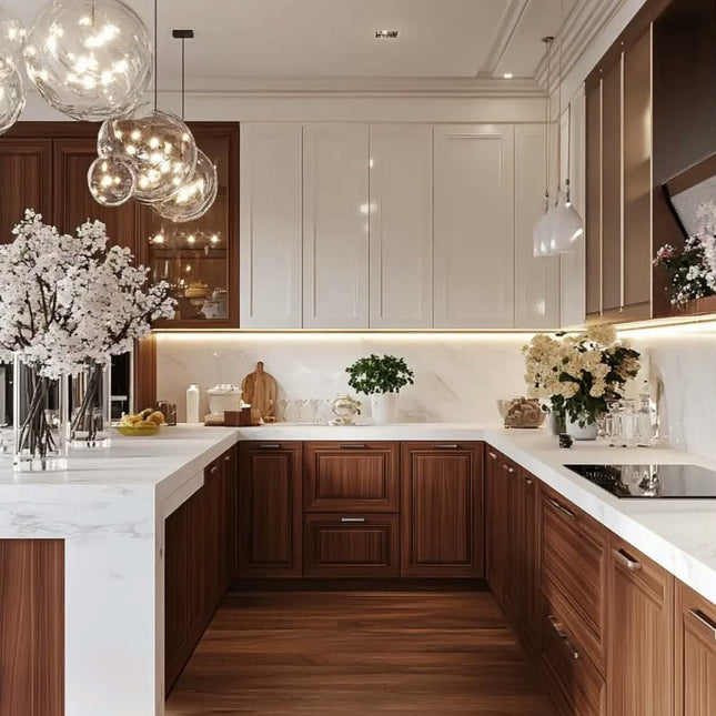 Custom Built Modern Classic Design Kitchen Storage Units - Eco-Friendly Kitchen Cabinet with Gold Hardware & Marble Top
