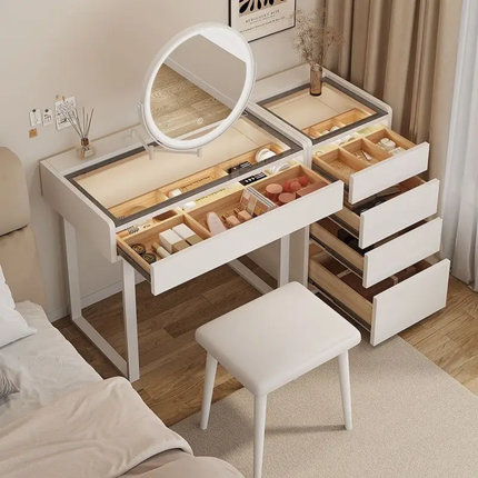 Modern Hot Sale White Glass Top Vanity Dressing Table with Drawer and Lighted Mirror Bedroom Furniture