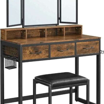 Dressing Table With Mirror And Stool Vanity With Tri-Fold Mirror 3 Drawers Makeup Desk Industrial Style Rustic Brown And BLack