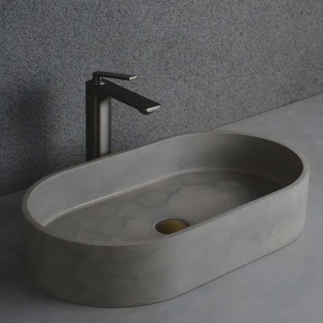 Minimalist Oval Stone Sink with Matte Black Faucet – Modern Bathroom Vanity Design