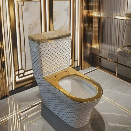 White Gold Grid Pattern Toilet Italian Design Luxury Bathroom Masterpiece