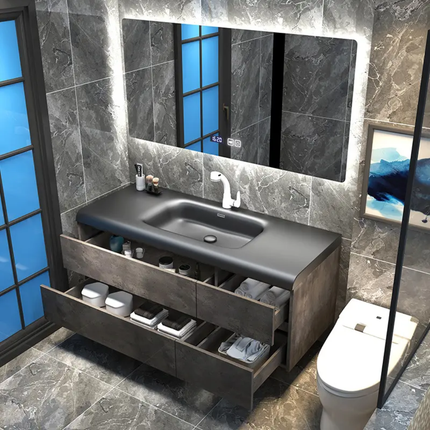 Italian Minimalist Single-Hole Bathroom Cabinet – Black Wash Basin, Ceramic Valve Core Smart Sink