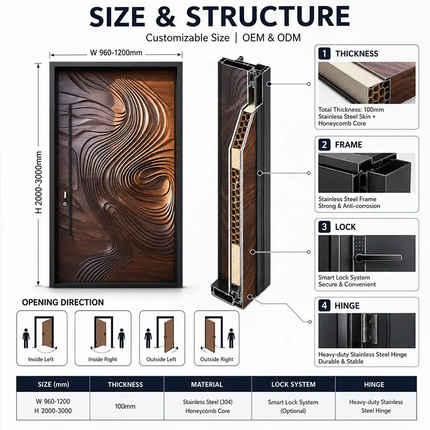 Custom Design Italian Luxury Stainless Steel Exterior Security Front Interior Modern Entrance Double Swing Fire Entry Door