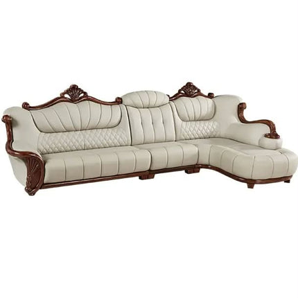 High End Genuine Leather Tufted Sofa Set European Modern Corner L-Shape Luxury Solid Wood Frame Apartment Living Room Furniture