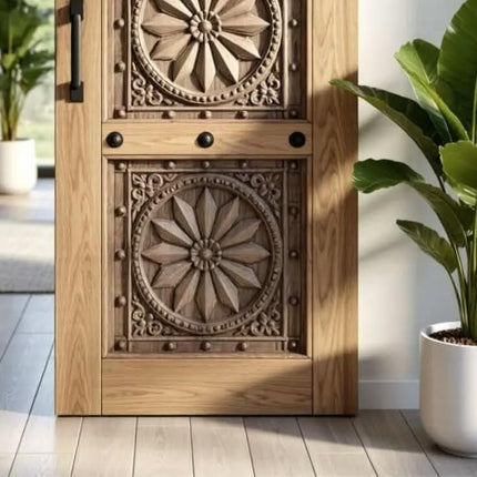Luxury Handcrafted Mandala Star Carved Solid Wood Sliding Barn Door Artistic Interior Entryway Decor