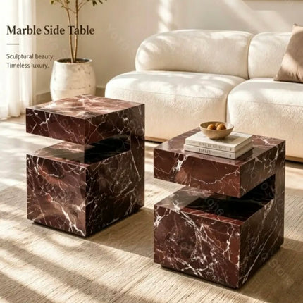 Modern Natural Rosso Levanto Marble Square Side Table Solid Stone NightStsnd For Living Room Bedroom