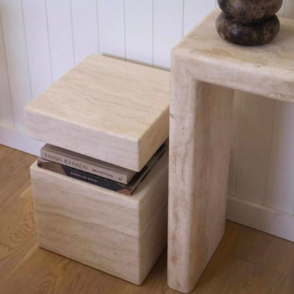 Modern Luxury Beige Travertine Marble Plinth Side Table Modern Design Bedside Table For Home Marble Stone Sofa Side End Table