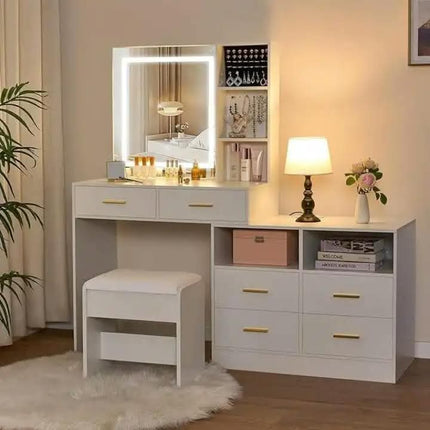 Modern MDF Makeup Vanity Table Set  with 9 Drawers  Large Storage Pink Princess Mirror for Bedroom & Bathroom Furniture