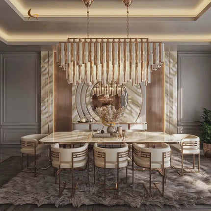 High-End Luxury Rectangular Marble Dining Set – Gold Stainless Steel Base, 8 Seater for Villa