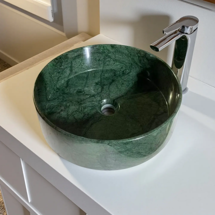 Modern Cylindrical Art Bathroom Basin Green Marble Stone Sink Handmade Durable Bathroom Basin For Hotel & Villa Use