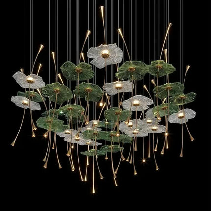 luxury High Ceiling Lotus Leaf Art Glass Chandelier Pendant Light for Villa Stairwell & Lobby