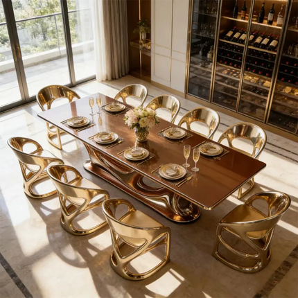 Modern Luxury Dining Table Set Gold Fiberglass Frame Glossy Marble Top Furniture