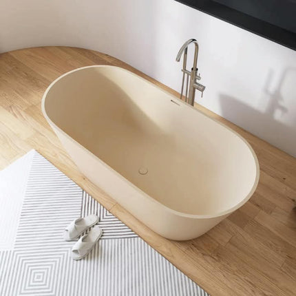 Solid Surface Freestanding Soaking Tub for Adults With Milky Coffee Color Oval Shape Modern Style Durable & Eco-Friendly