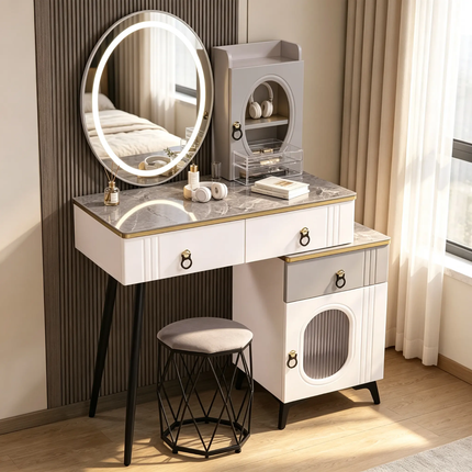Modern Luxury Minimalist Solid Wood Durable Customizable Multi-Purpose Makeup Vanity Lighted Oval Mirror Storage Drawers  Bedroom