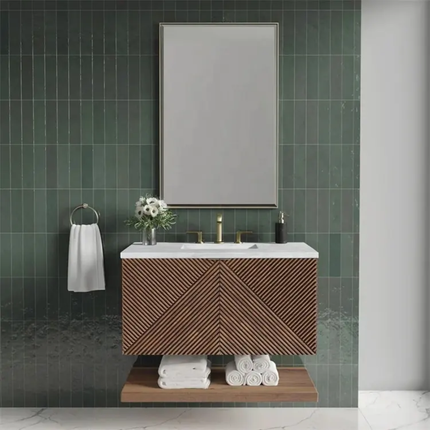 Modern custom double‑sink vanity, carved shaker wood, smart mirror, and towel storage included.