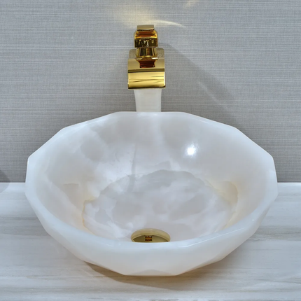 Luxury Diamond White Onyx Stone Wash Basin Natural Marble Sink Bathroom Cabinet Counter Top Art Vessel Sink