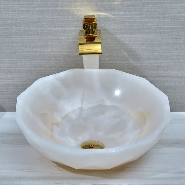 Luxury Diamond White Onyx Stone Wash Basin Natural Marble Sink Bathroom Cabinet Counter Top Art Vessel Sink