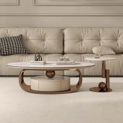 Home furniture living room table round oval modern center table luxury stainless steel smart marble coffee tables with drawer