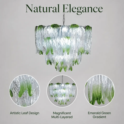 Luxury Green Art Glass Chandelier Tiered Leaf Design Pendant Light for Living Room Dining Room Hotel Decor Lamp