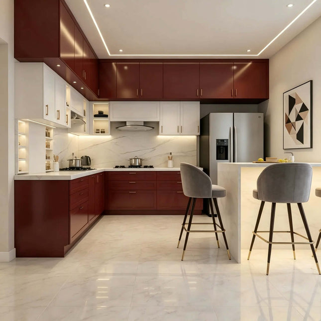 Modern Luxury Modular Eco-Friendly Red L-Shaped Kitchen Cabinets Island Custom Whole House Plywood Kitchen Furniture