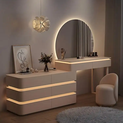 New Luxury Integrated Makeup Table Storage Cabinet Modern Design Extendable LED Lighted Bedroom Pine Wood MDF Panel