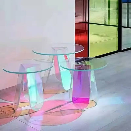 Nordic Modern Iridescent Acrylic Round Coffee Table, Luxury Rainbow Transparent Side Table for Living Room Office