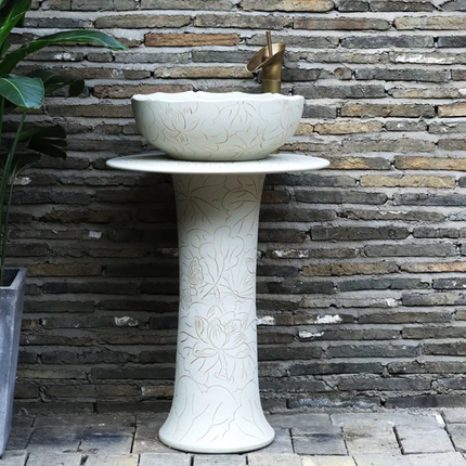 Modern Fancy Round Ceramic Washbasin White Freestanding Pedestal Sink with Floral Motif