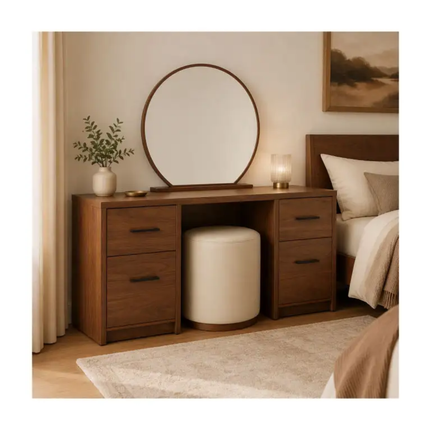 Warm Walnut Wood Finish 4-Drawer Vanity Table Freestanding Dressing Table for Bedroom 1300×805×420mm,Mirror Optional