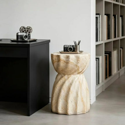 Beige Modern Twisted Textured End Table-Indoor/Outdoor Accent Table For Sofa Bedside & Garden Use in Apartment & Workshop