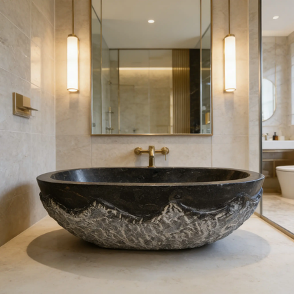 Hand Carved Freestanding Oval Shaped Solid Black Marble Soaking Bath Tub Marble Bathtub