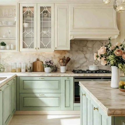 Luxury Sage Green French Kitchen Cabinet Set Oak Wood Kitchen Cabinet Gold Hardware Marble Countertops Glass Display Cabinets