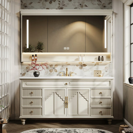 French retro bathroom vanity with ceramic basin and smart mirror Eco-friendly storage for hotel & villa bathrooms