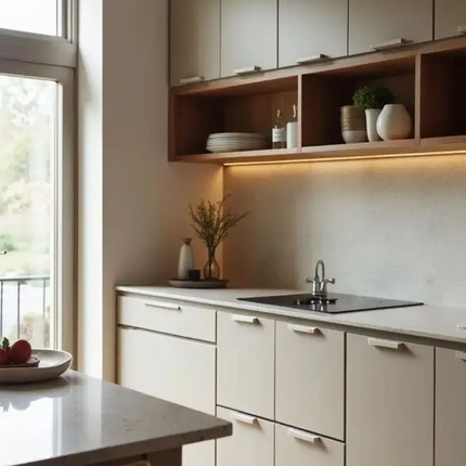 Whole House Custom Integrated Cabinets, Warn Wabi-Sabi, Open Small Space, Built-in Infrared Cooktop