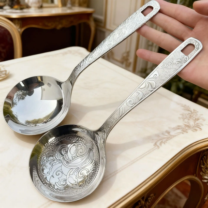 OEM/ODM 304 Stainless Steel Durable Large Soup Spoon Luxury Vintage Design Buffed Mirror Polish Retro Hot Pot Spoon