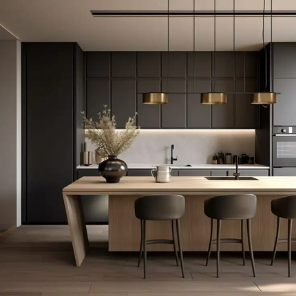 Customized Modern Natural Wood Semi-Gloss Walnut Veneer L-Shaped Kitchen Cabinet African Projects MDF Carcase Hidden Hinges Sink