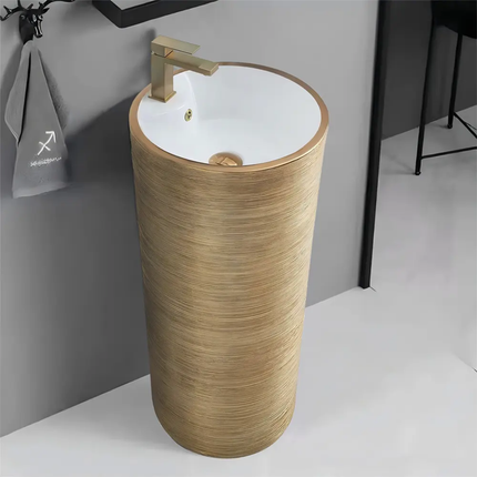 Hand Painted Modern Gold Pedestal Sink Easy Clean Free Standing Ceramic Basin Single Hole Faucet Mount 9L Capacity 5 Bathroom