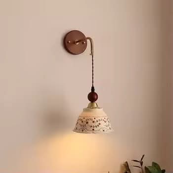 French Mid Century Ceramic Wall Lamp Japanese Retro Solid Wood Structure for Bedroom Bedside Hall Corridor Background Wall Decor