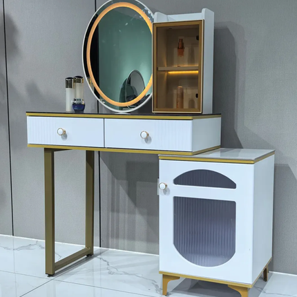 Contemporary Luxury Eco- Friendly  Durable Dressing Table Gold -Trim Makeup Vanity Fluted Drawers LED Light-Up Mirror Ribbed  Glass