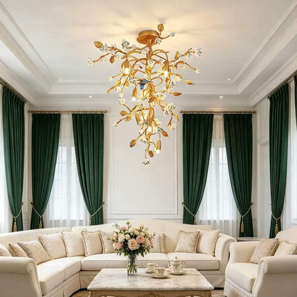 Luxury Copper Tree Branch Ceiling Light Handmade Ceramic Flower Bird Chandelier 2-in-1 Semi-Flush Pendant Light for Villa Hotel