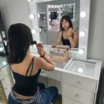 Modern MDF Makeup Vanity Table Set  with 9 Drawers  Large Storage Pink Princess Mirror for Bedroom & Bathroom Furniture