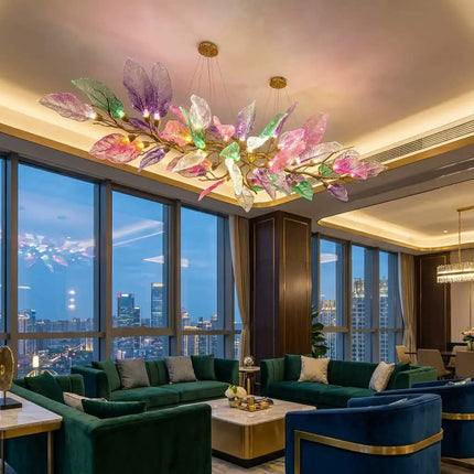 Post-Modern Villa Living Room Decoration Copper Luxury Branch Pendant Lamp Luxury Glass Leaf Tree Hang Lighting Chandeliers