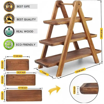 High Quality Solid Acacia Wood Three-Tier Serving Tray Modern Design Polished Eco-Friendly Party Tray