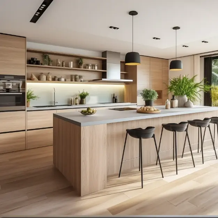 Modern European Style Solid Wood Kitchen Cabinets Modular Design With LED Shelves, Built-in Appliances