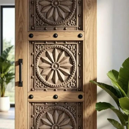 Luxury Handcrafted Mandala Star Carved Solid Wood Sliding Barn Door Artistic Interior Entryway Decor