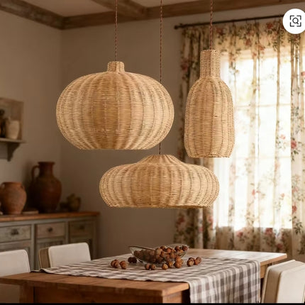 Boho Rattan Pendant Light Set of 3 for Rustic Dining Room Decor