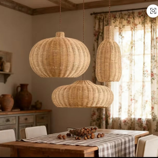 Boho Rattan Pendant Light Set of 3 for Rustic Dining Room Decor