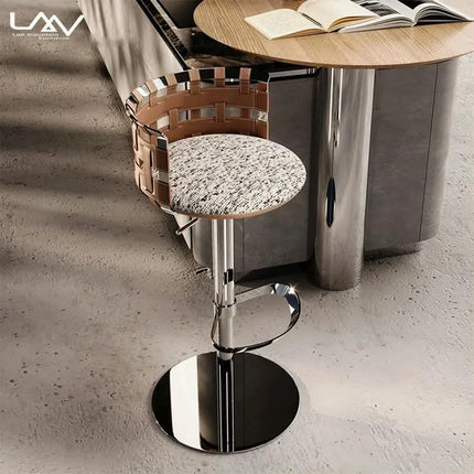 Italian Style Villa Dining Room Adjustable Luxury Bar Chair Hotel Restaurant Metal Frame Brown Leather High Chair Furniture