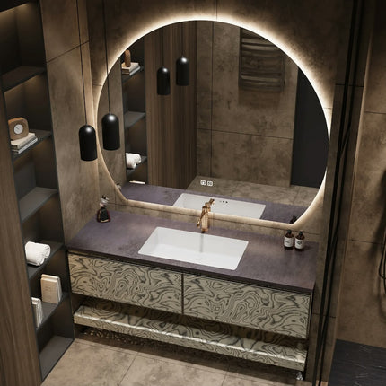 Modern Italian luxury, integrated stone countertop with ceramic sink, Smart LED mirror/mirror cabinet
