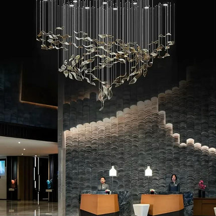 Large Led Chandelier Large Hotel Restaurant Decoration Custom Fallen Leaves Glass OEM ODM Top Quality